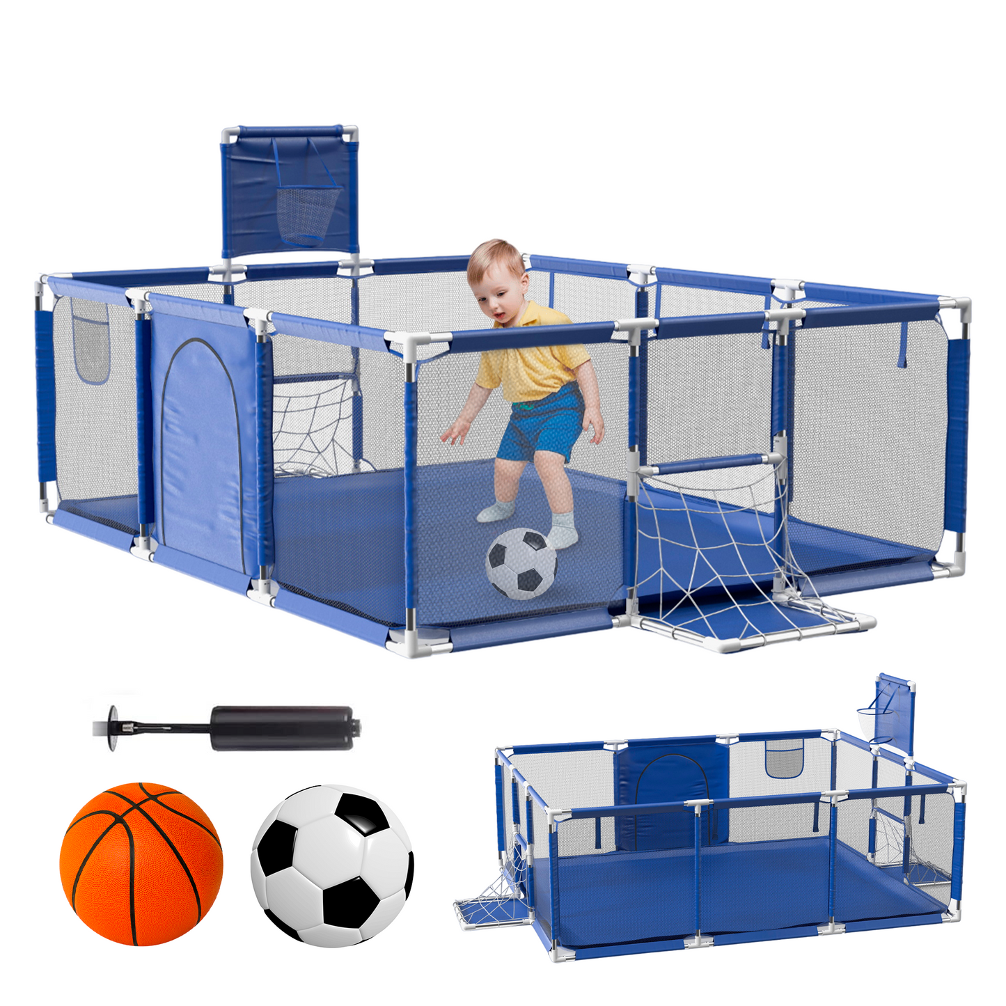 Parque Infantil con Canasta y Portería para bebes con Alfombra y Pelotas